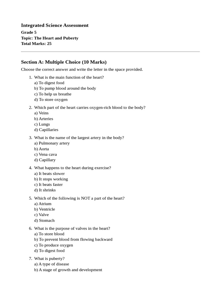Grade 5 Integrated Science Week 4 Term 1 Assessment | PDF | Heart | Vein