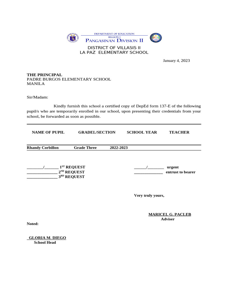 Certified Request for DepEd Form 137-E | PDF
