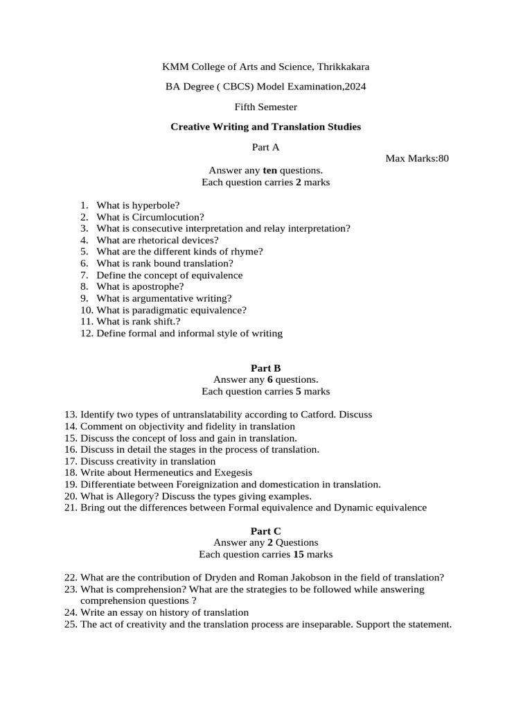 BA Creative Writing Exam 2024 Guide | PDF