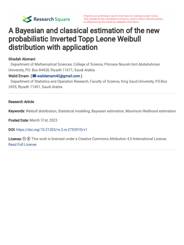 Bayesian Estimation of Inverted Topp Leone Weibull | PDF ...