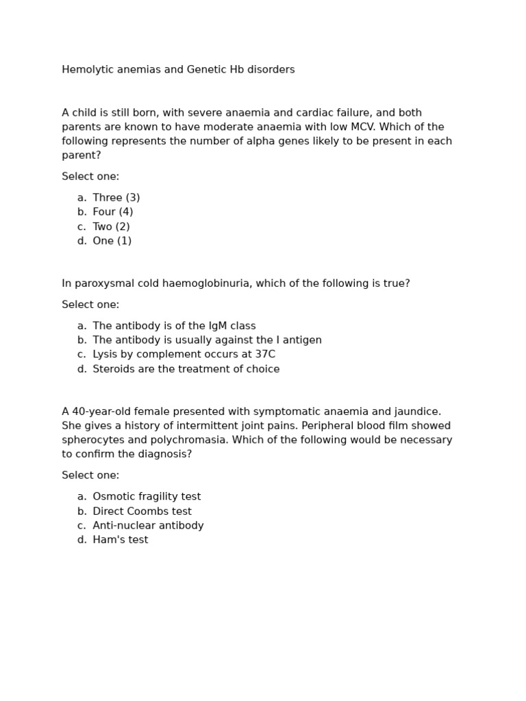 Hemolytic Anemias + HB Disorders | PDF | Anemia | Clinical Medicine