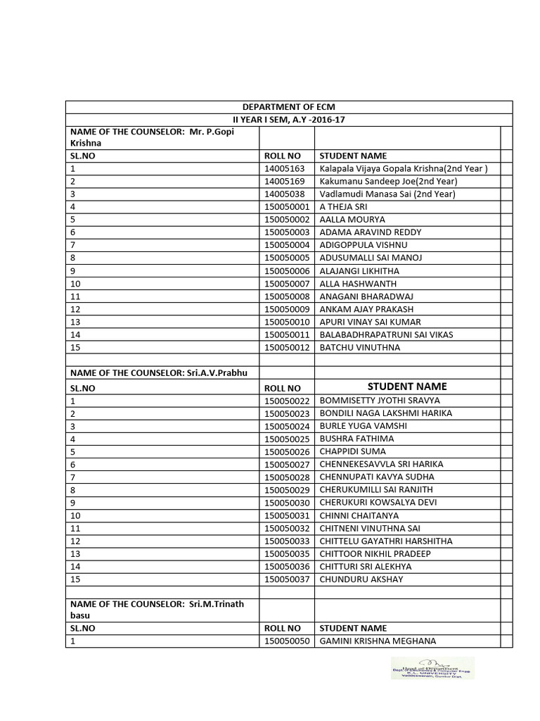 Student Roll Call for ECM II Year 2016-17 | PDF | Film Production Districts