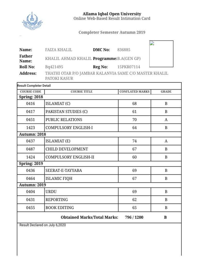 AIOU Autumn 2019 Result Card | PDF