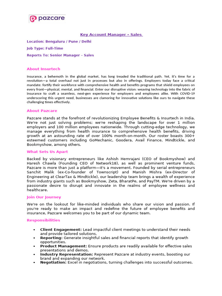 Key Account Manager at Pazcare | PDF | Sales | Negotiation