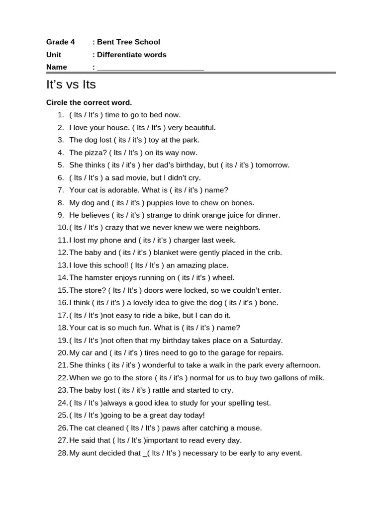 Grade 4 Grammar: Its vs. It's, They’re, Their, There | PDF
