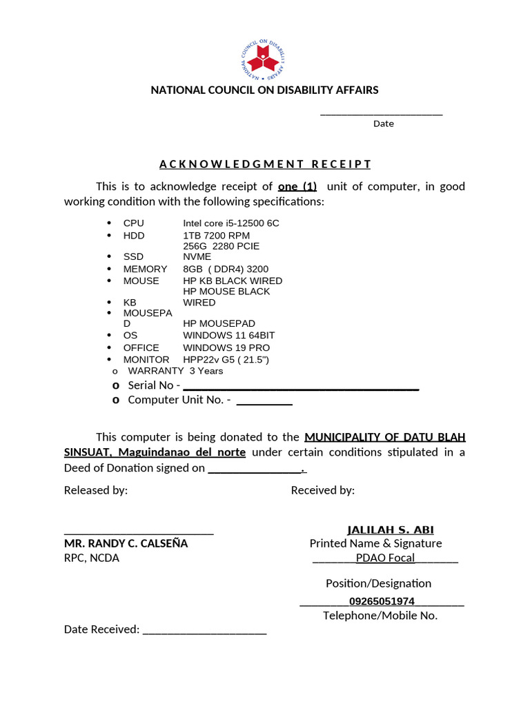 Computer Donation Acknowledgment Receipt | PDF | Computer Hardware ...