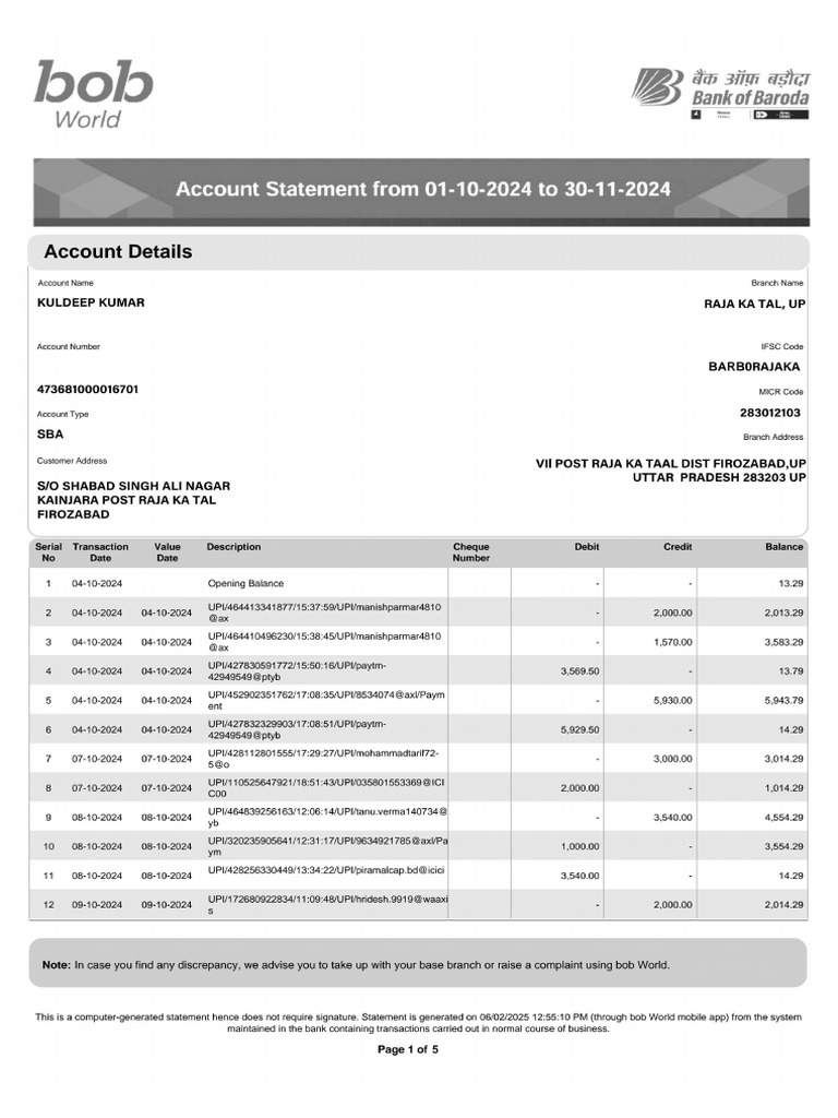 Kuldeep Kumar Bank Statement 01-10-2024 To 30-11-2024 | PDF