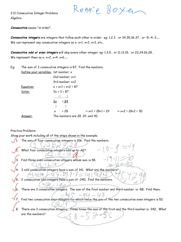 A+4 T+Consecutive+Integers+Problems+-+Google+Docs | PDF