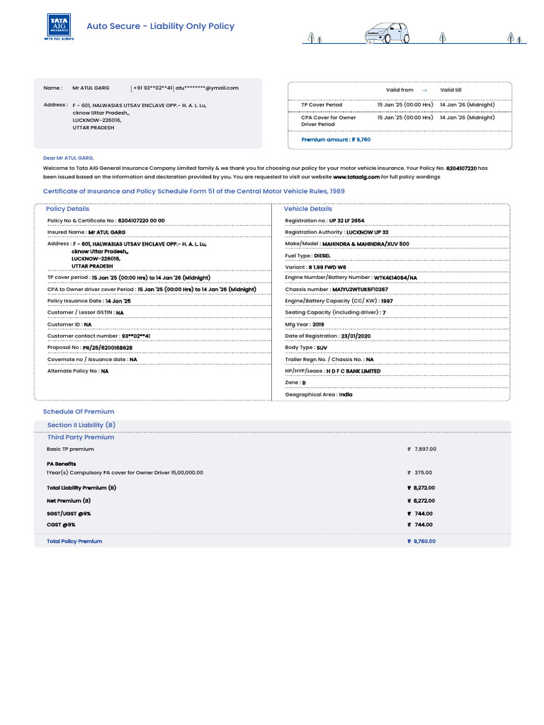 Tata AIGMotor Policy Schedule 1842041072200 | PDF | Insurance | Receipt