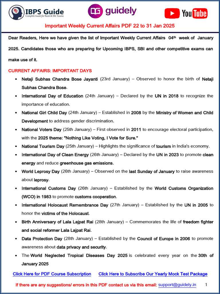Weekly Current Affairs: Jan 22-31, 2025 | PDF | Reserve Bank Of India