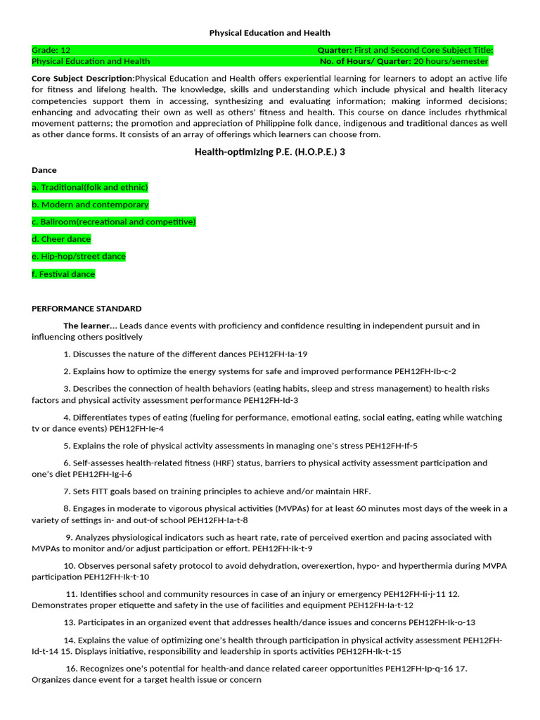 Physical Education and Health TOS2024 | PDF | Physical Education ...