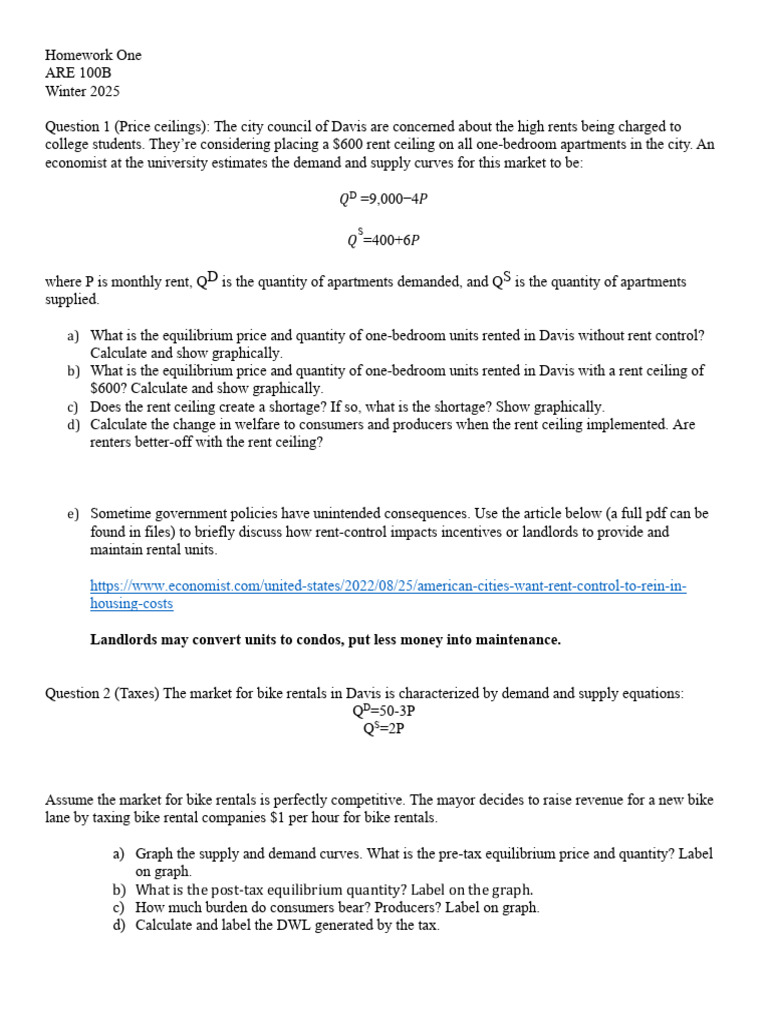 Homework 1 | PDF | Economic Surplus | Supply And Demand