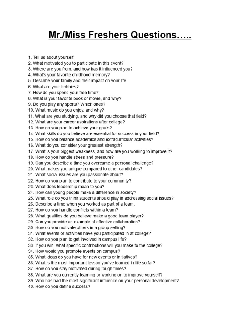 Mr. and Miss Fresher Q&A Guide | PDF | Social Psychology | Behavior ...