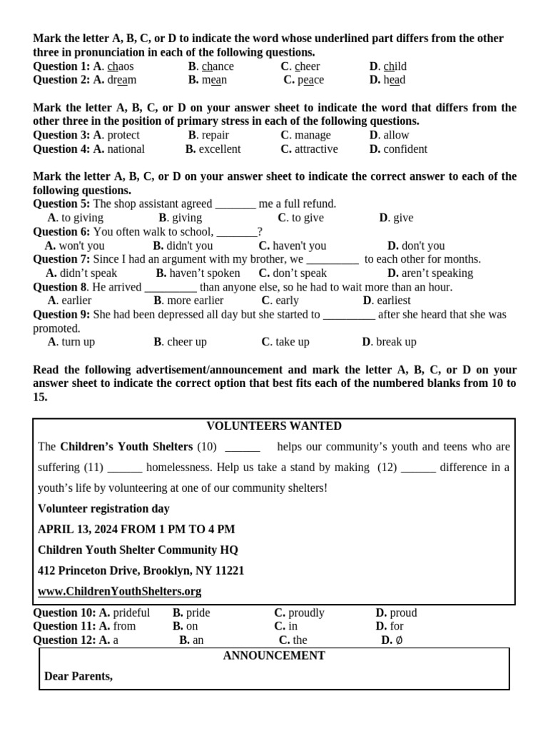 Pronunciation And Grammar Practice Quiz Pdf Facebook Vocational