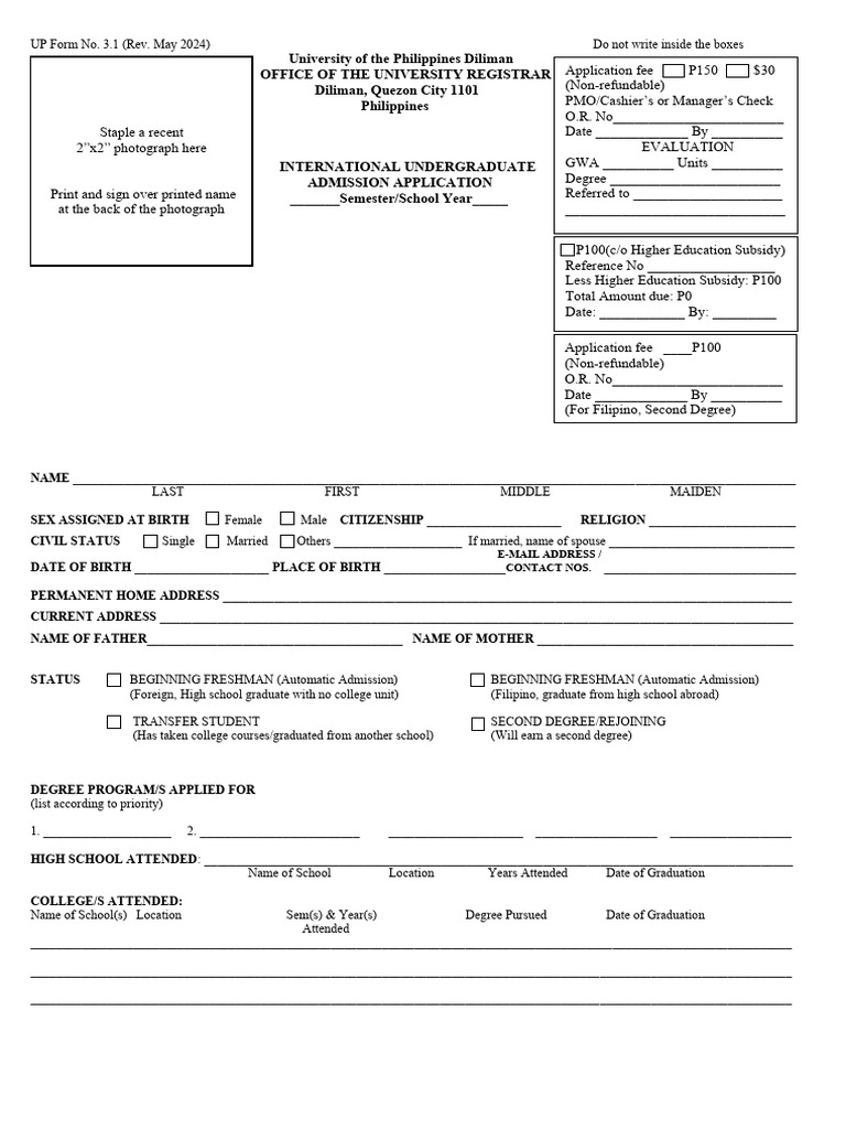 UP Diliman International Admission Form | PDF | Bachelor's Degree ...