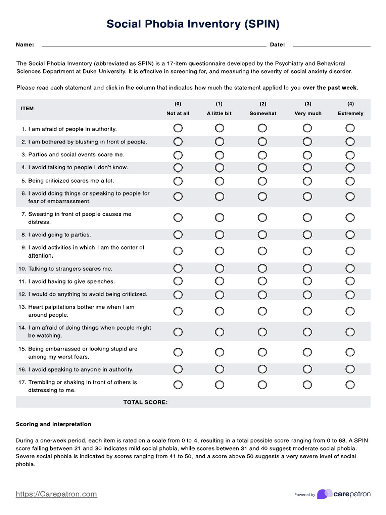 Social Phobia Inventory (SPIN) Overview | PDF | Social Anxiety Disorder ...