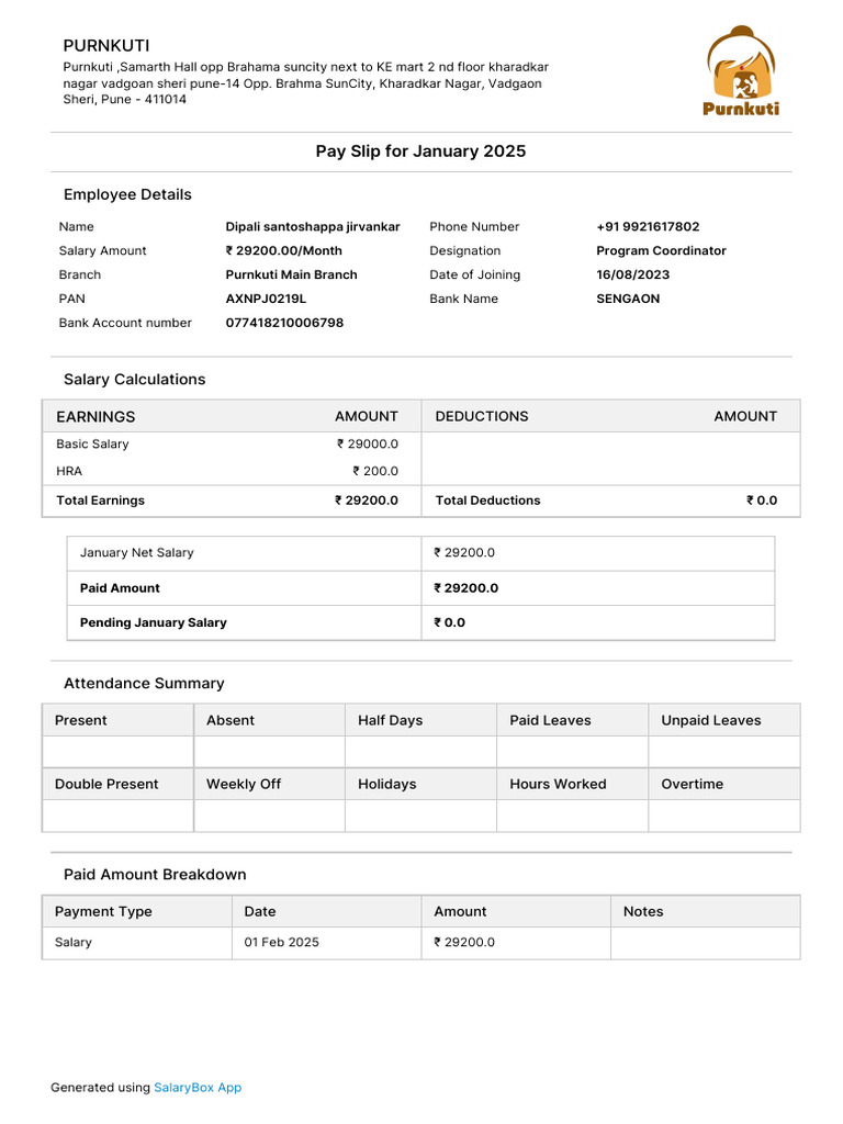 January 2025 Salary Slip for Dipali Jirvankar | PDF