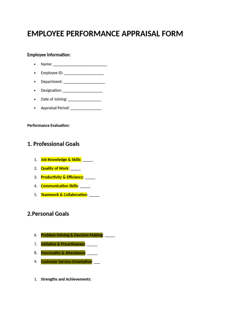 Employee Performance Appraisal Form | PDF