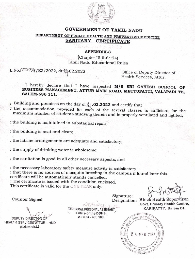 Sanitary Certificate | PDF