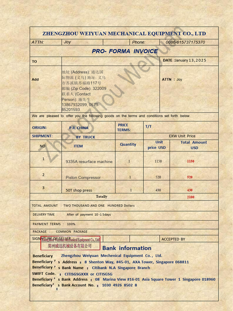Pro-Forma Invoice for Mechanical Equipment | PDF