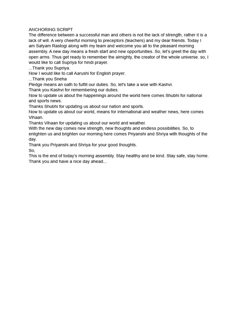 Anchoring Script For Morning Assembly | PDF