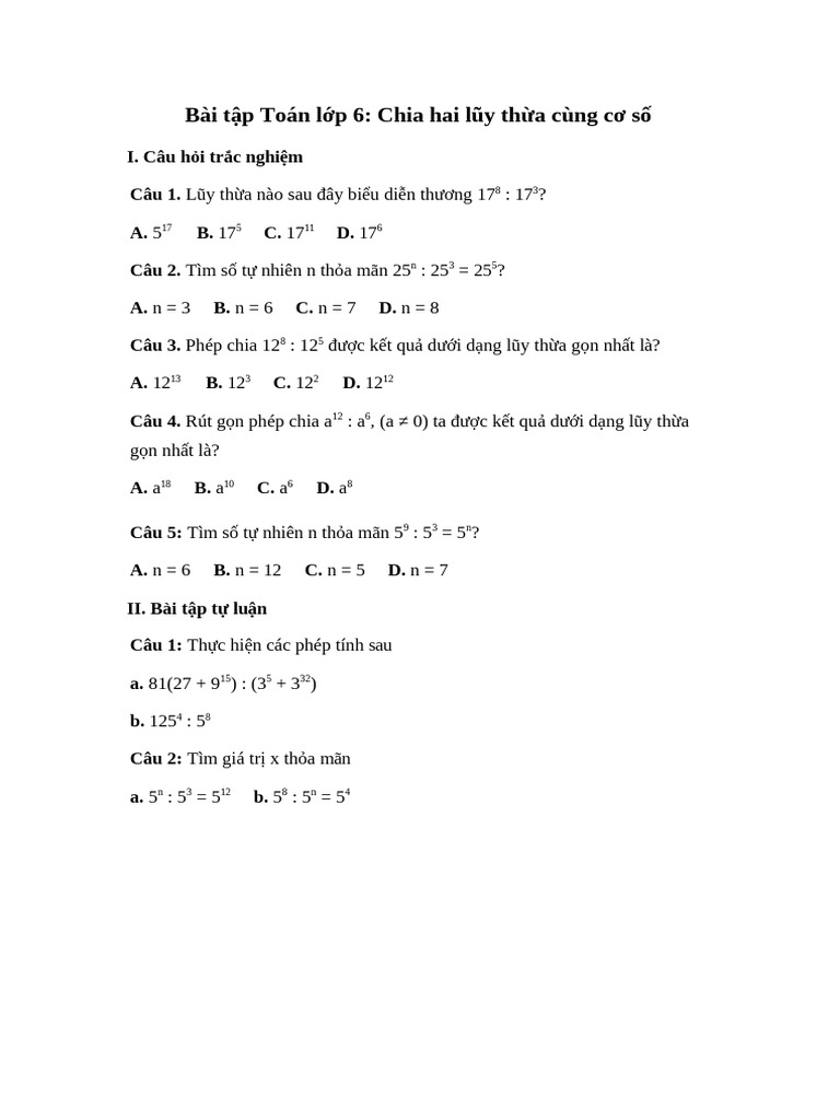 Bai Tap Chia Hai Luy Thua Cung Co So | PDF
