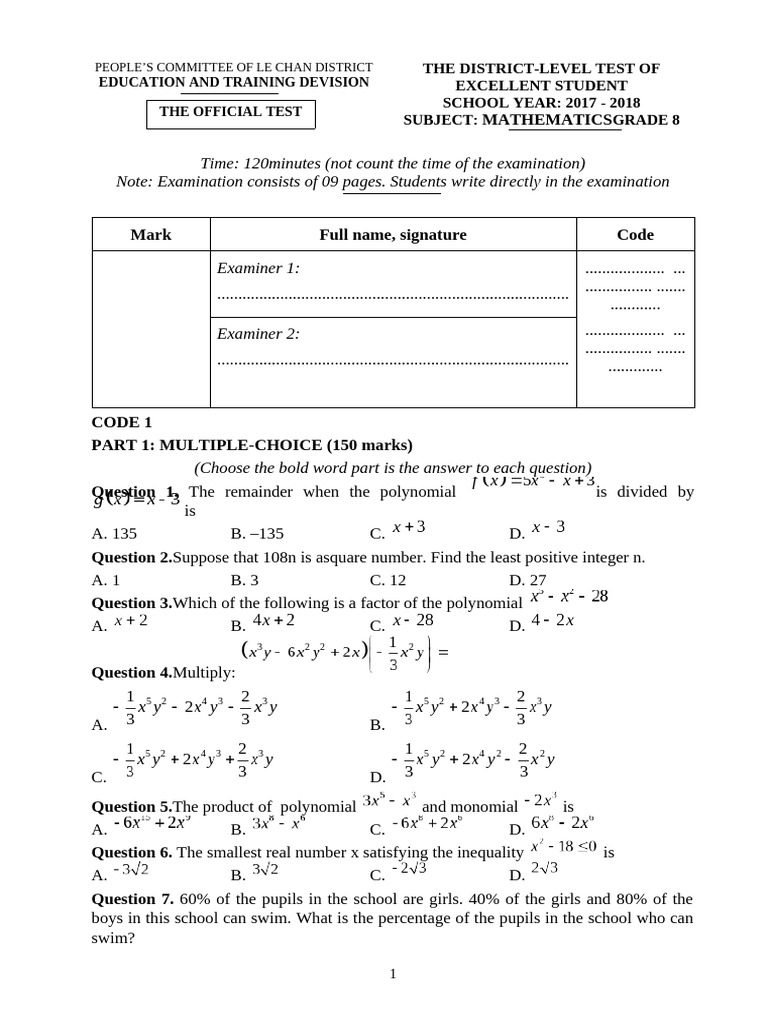 Grade 8 Math Exam: Le Chan District | PDF | Elementary Geometry ...