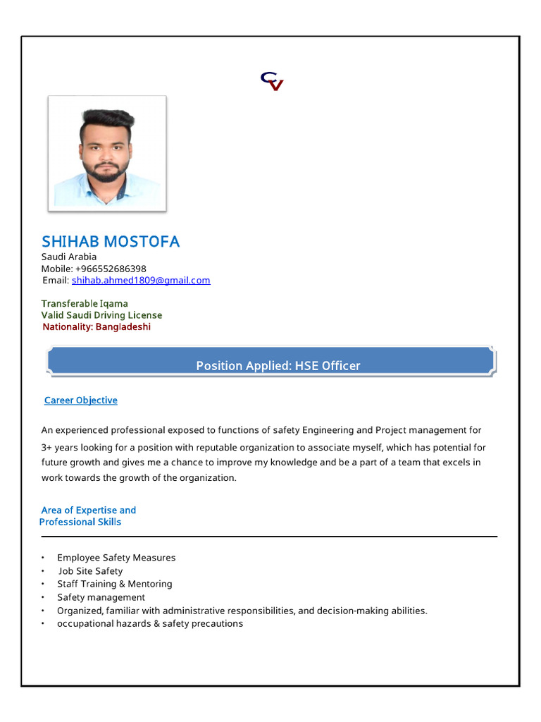 HSE Officer Resume - Shihab Mostofa | PDF | Safety | Occupational ...