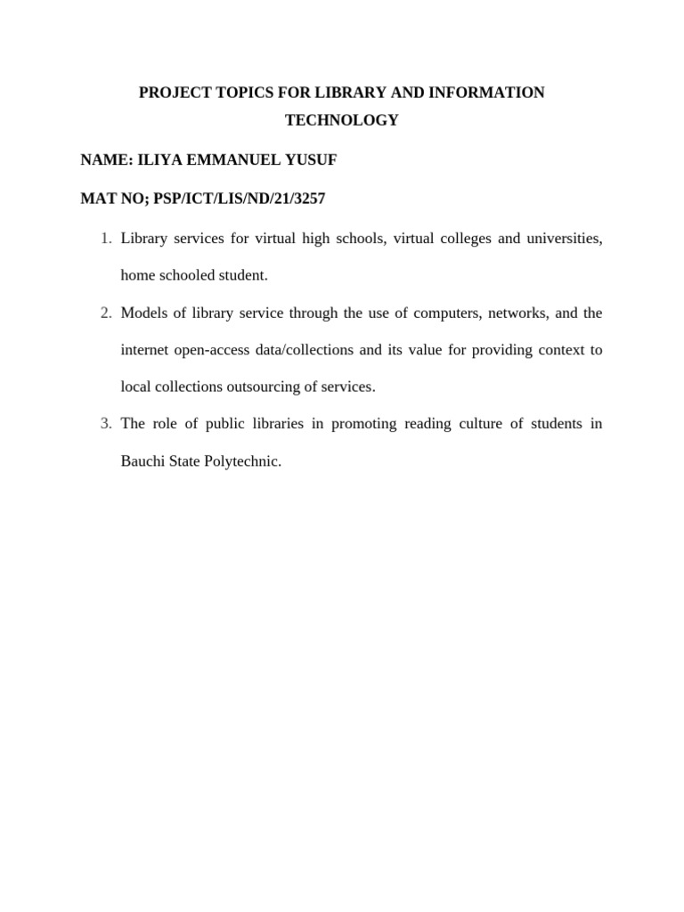 Project Topics For Library and Information Technology | PDF