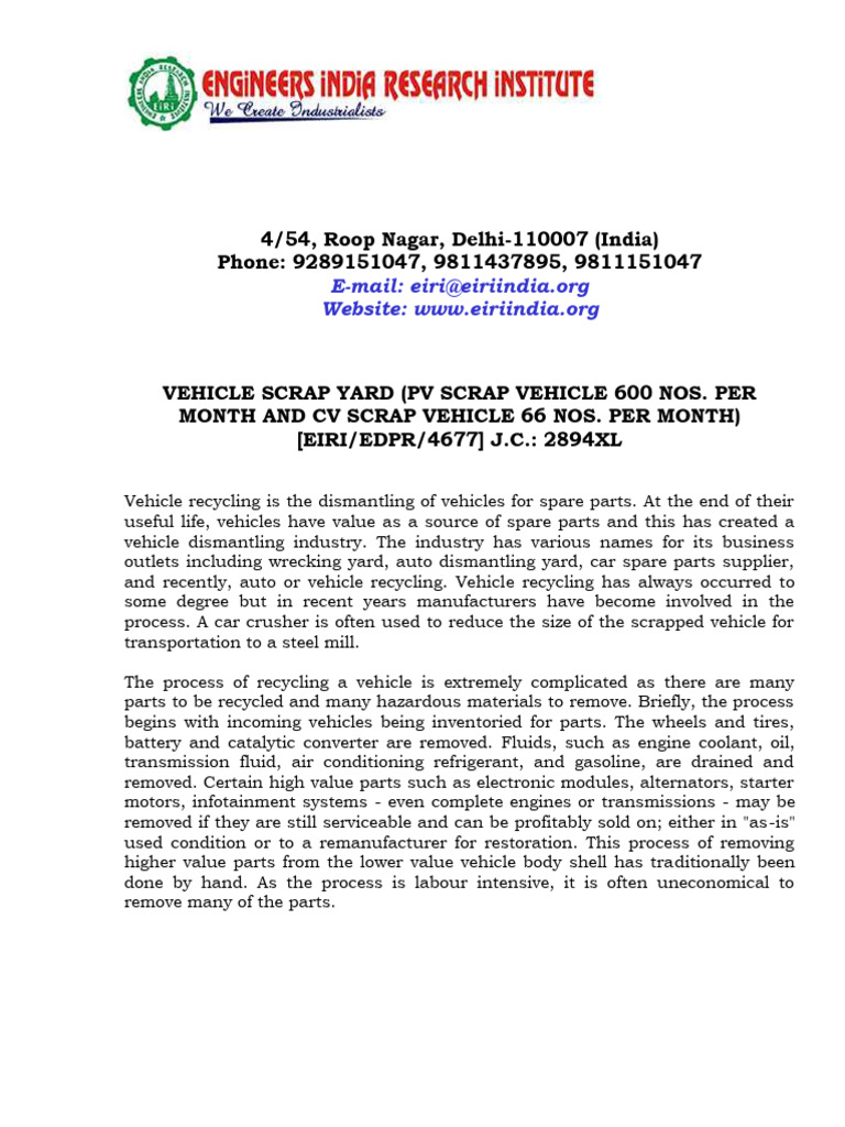 Project Report On VEHICLE SCRAP YARD (PV SCRAP VEHICLE 600 NOS. PER ...