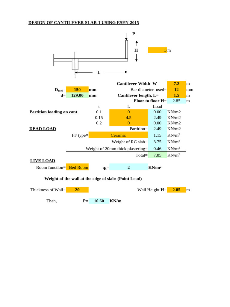 Cantilever Slab Design Using ESEN-2015 | PDF | Bending | Wall