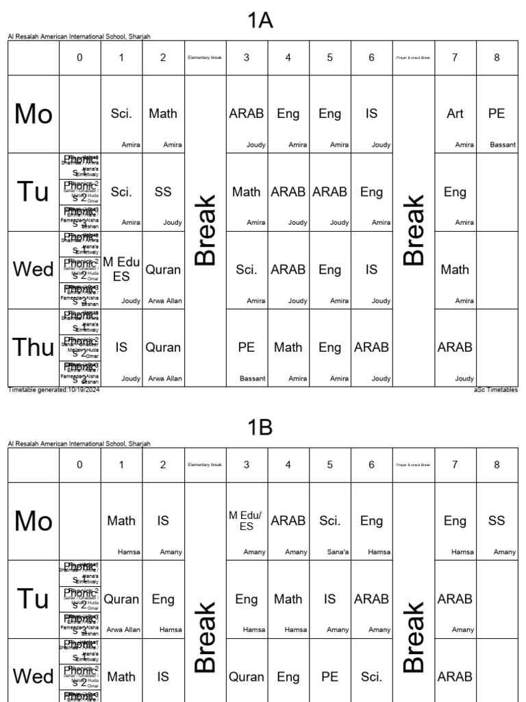 Al Resalah School Sharjah Timetable 2024 | PDF