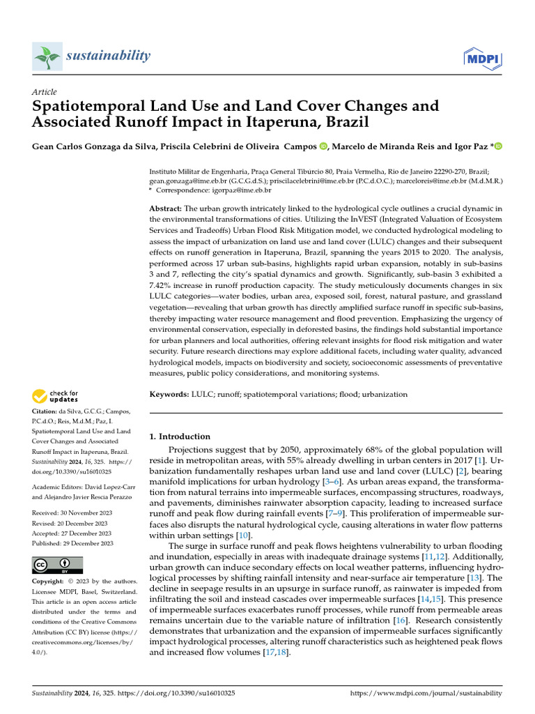 Sustainability 16 00325 | PDF | Surface Runoff | Flood