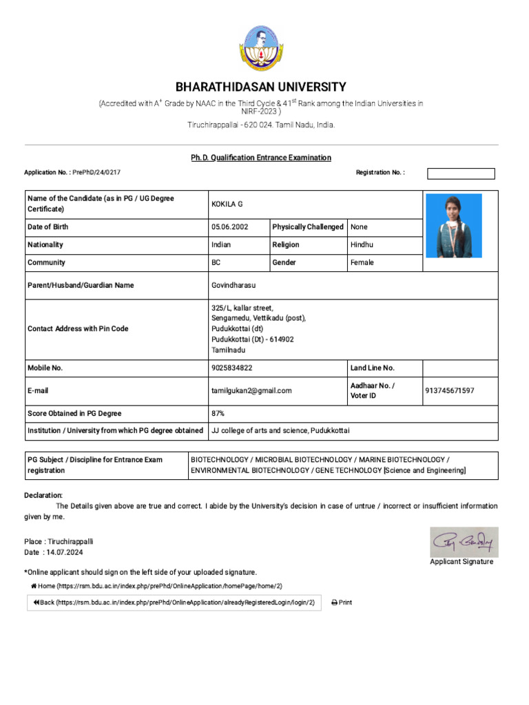 Ph.D. Application Form for BDU | PDF | Qualifications