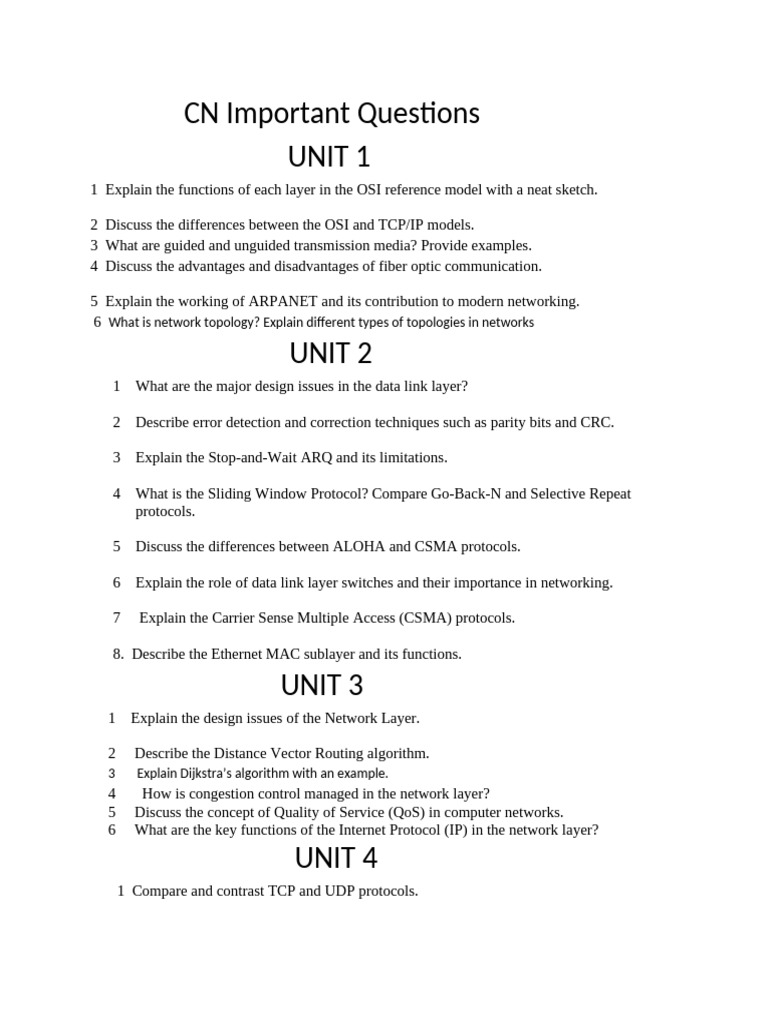 CN Imp Quens | PDF | Computer Network | Transmission Control Protocol
