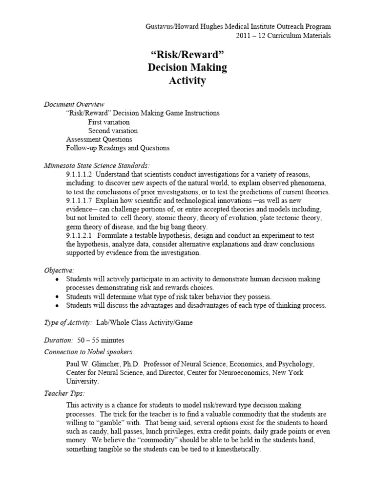 Risk Reward Decision Making Activity | PDF | Theory | Decision Making