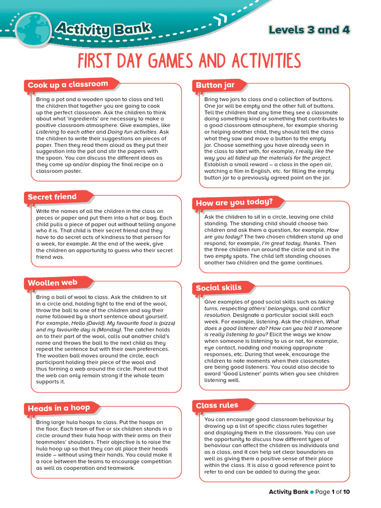 First Day Classroom Activities Guide | PDF | Question | Vocabulary