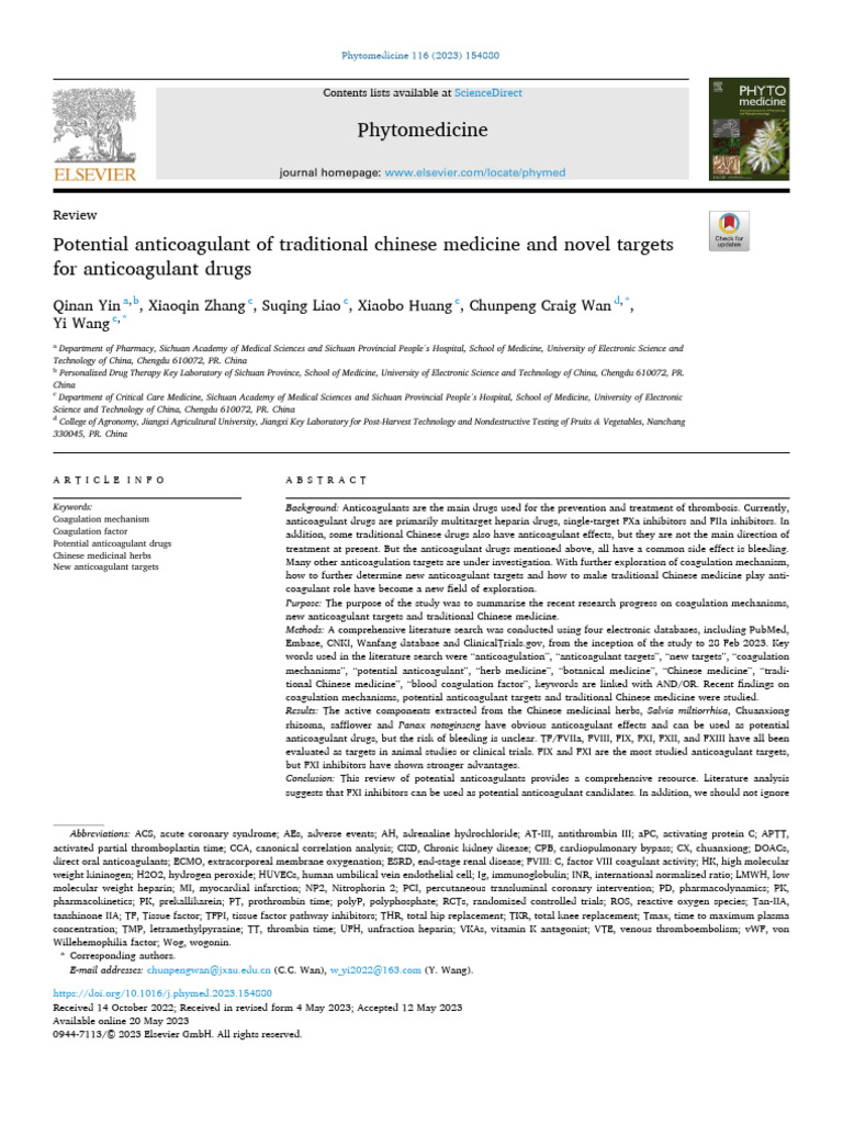 Potential Anticoagulant of Traditional Chinese Medicine and Novel ...
