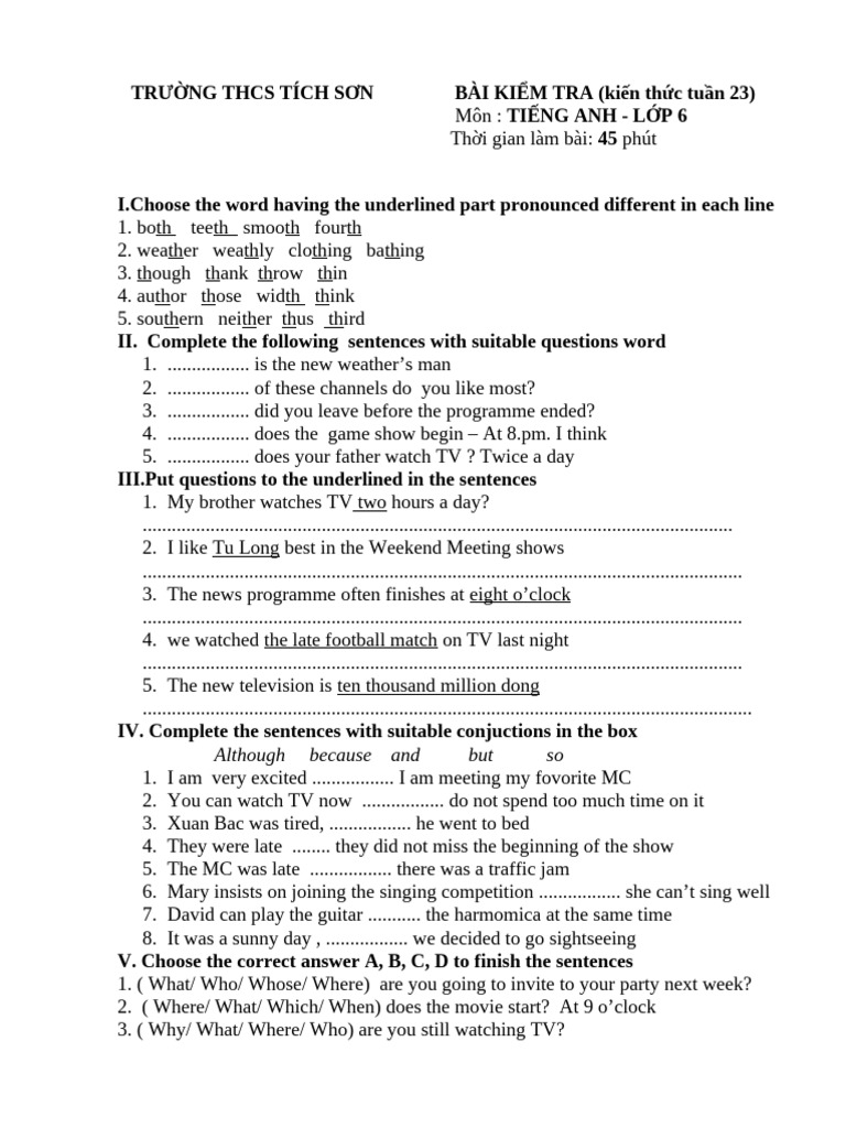 English Test for 6th Grade Students | PDF