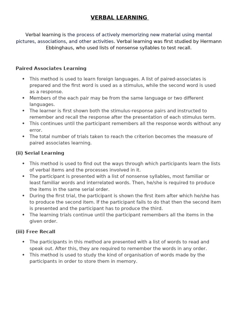 Understanding Verbal Learning Techniques | PDF | Recall (Memory) | Learning