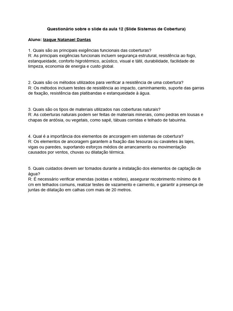 Questionário Sobre o Slide Da Aula 12 (Slide Sistemas de Cobertura) | PDF