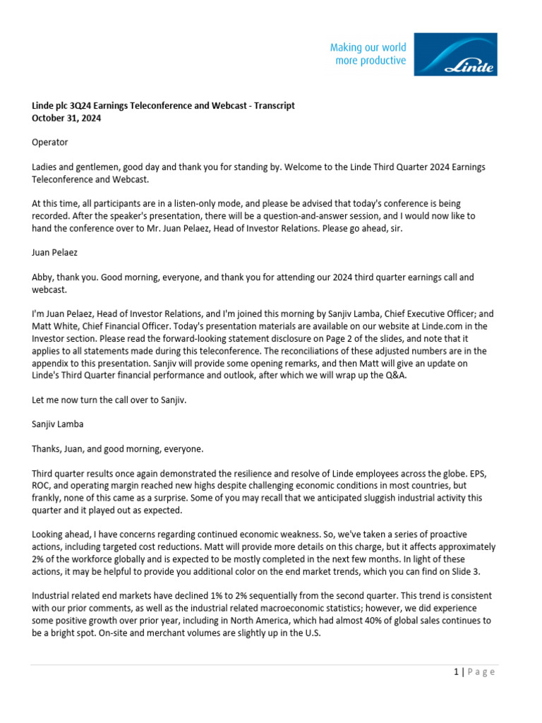 Linde Q3 2024 Earnings Call Transcript | PDF | Dow Chemical Company ...