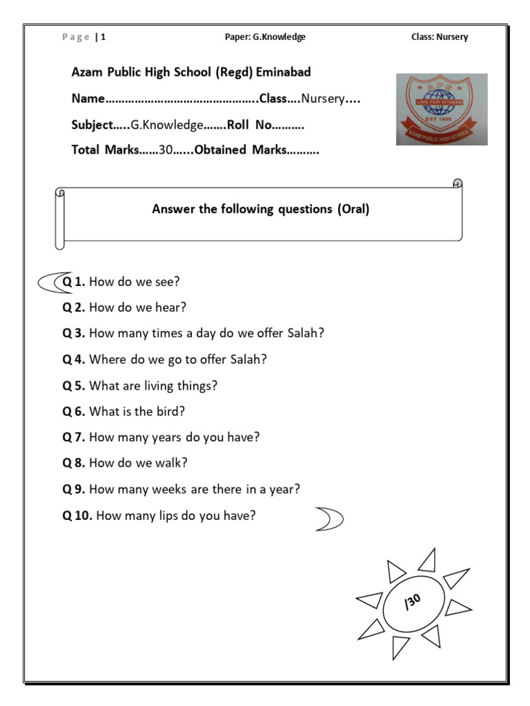 Nursery General. Knowledge 3rd Term Paper | PDF