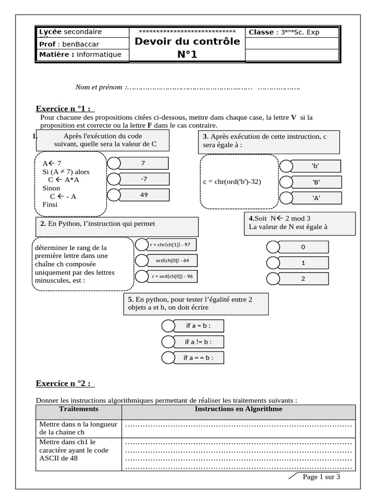 Devoir de contrôle en informatique 3ème | PDF | Informatique | Informatique