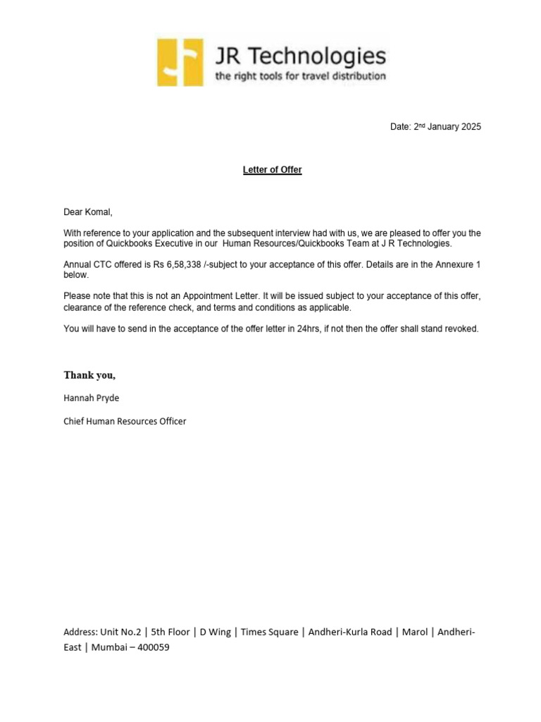Quickbooks Executive Offer Letter | PDF | Employment | Public Finance