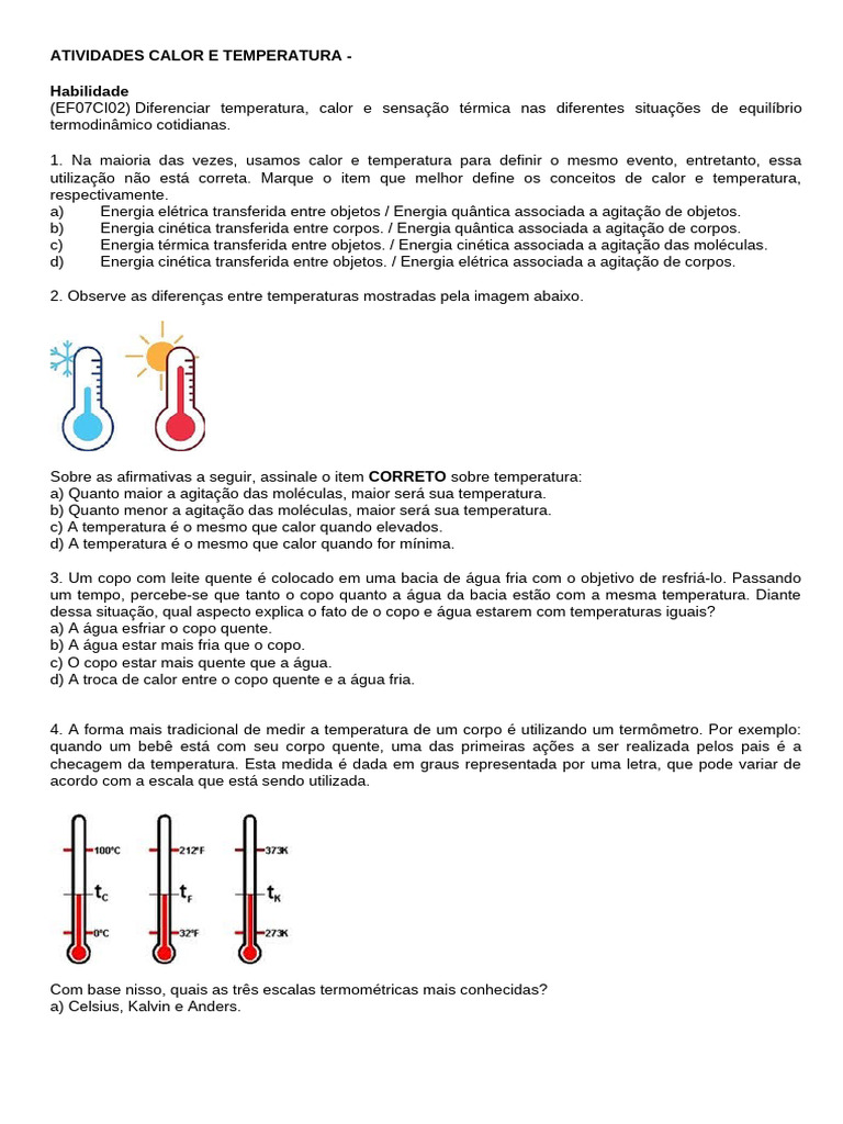 Atividades Calor e Temperatura 7° Ano | PDF | Calor | Temperatura