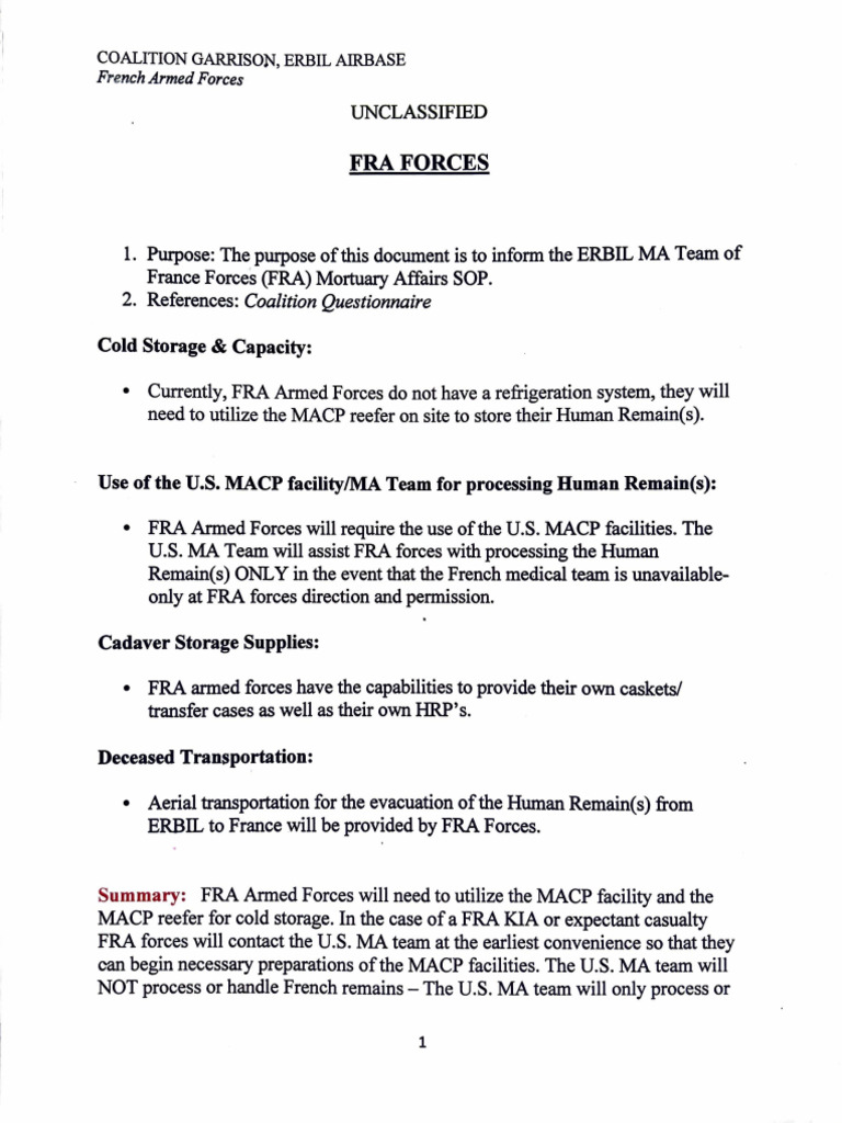 FRA Mortuary Affairs SOP at Erbil Base | PDF