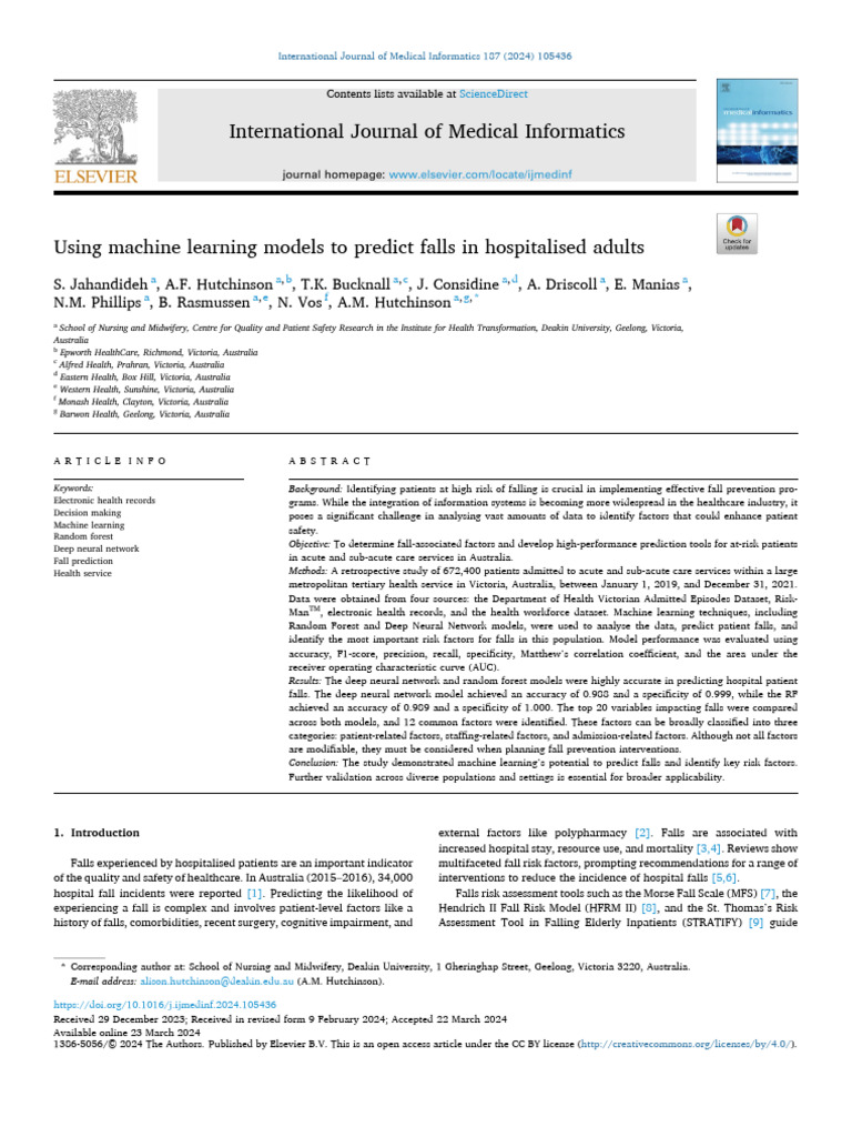 Using Machine Learning Models To Predict Falls in Hospitalised Adults ...