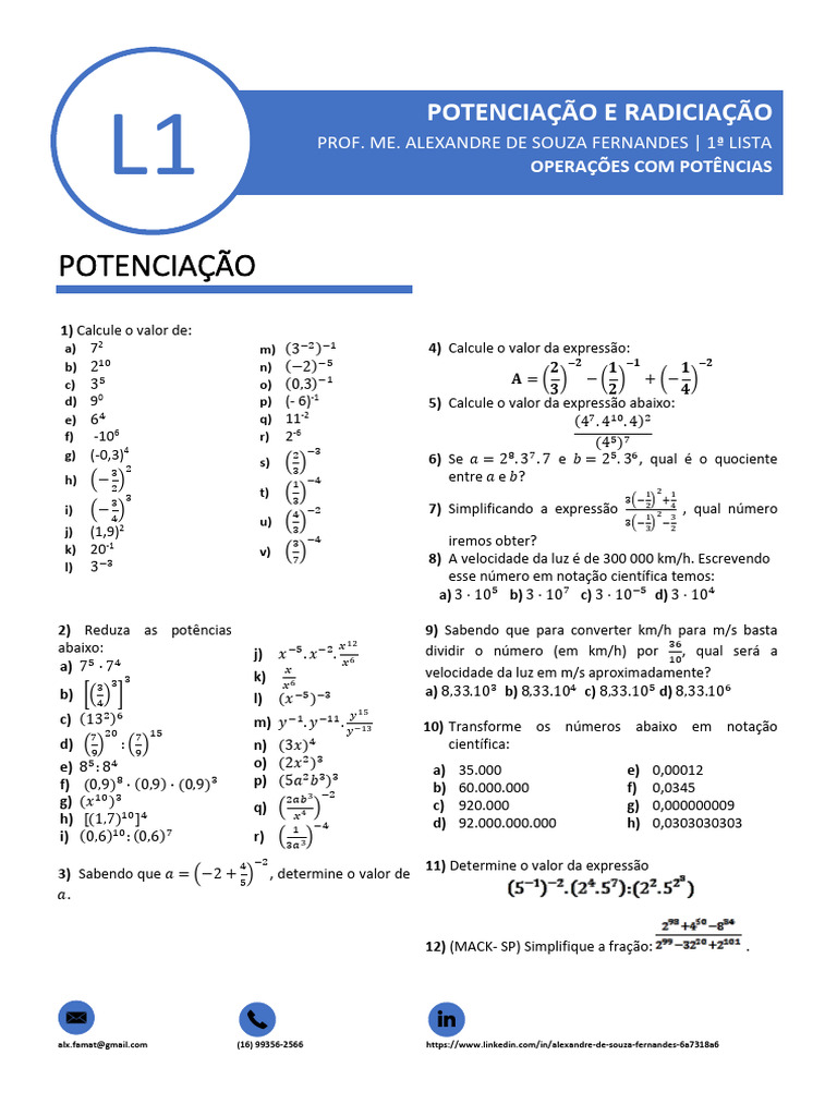 Exercícios de Potenciação e Radiciação | PDF | Divisão (Matemática ...