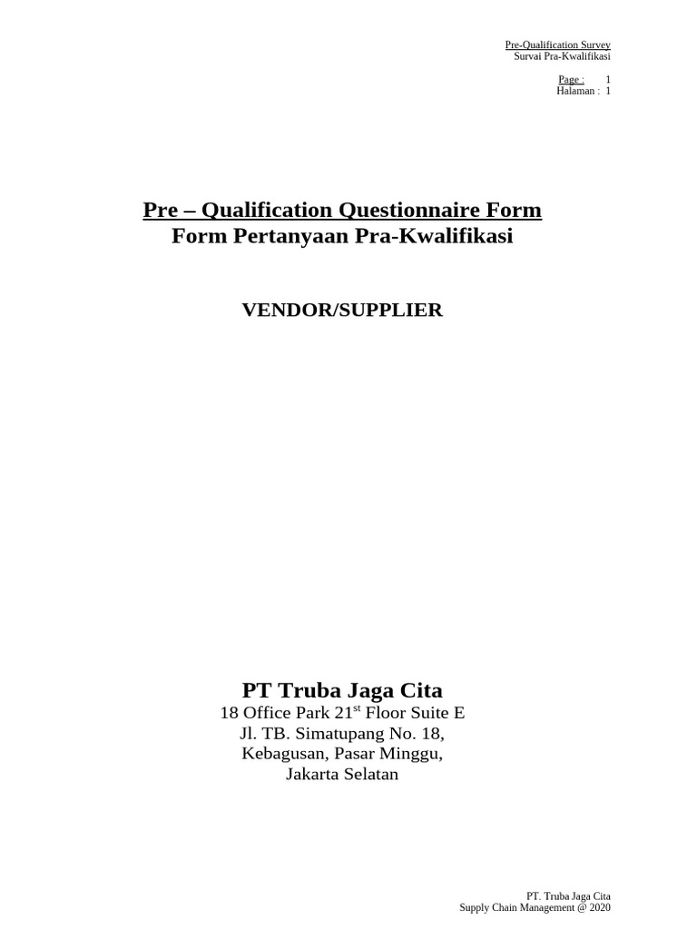 Lampiran 5 - Pre Qualification Questionaire Form | PDF